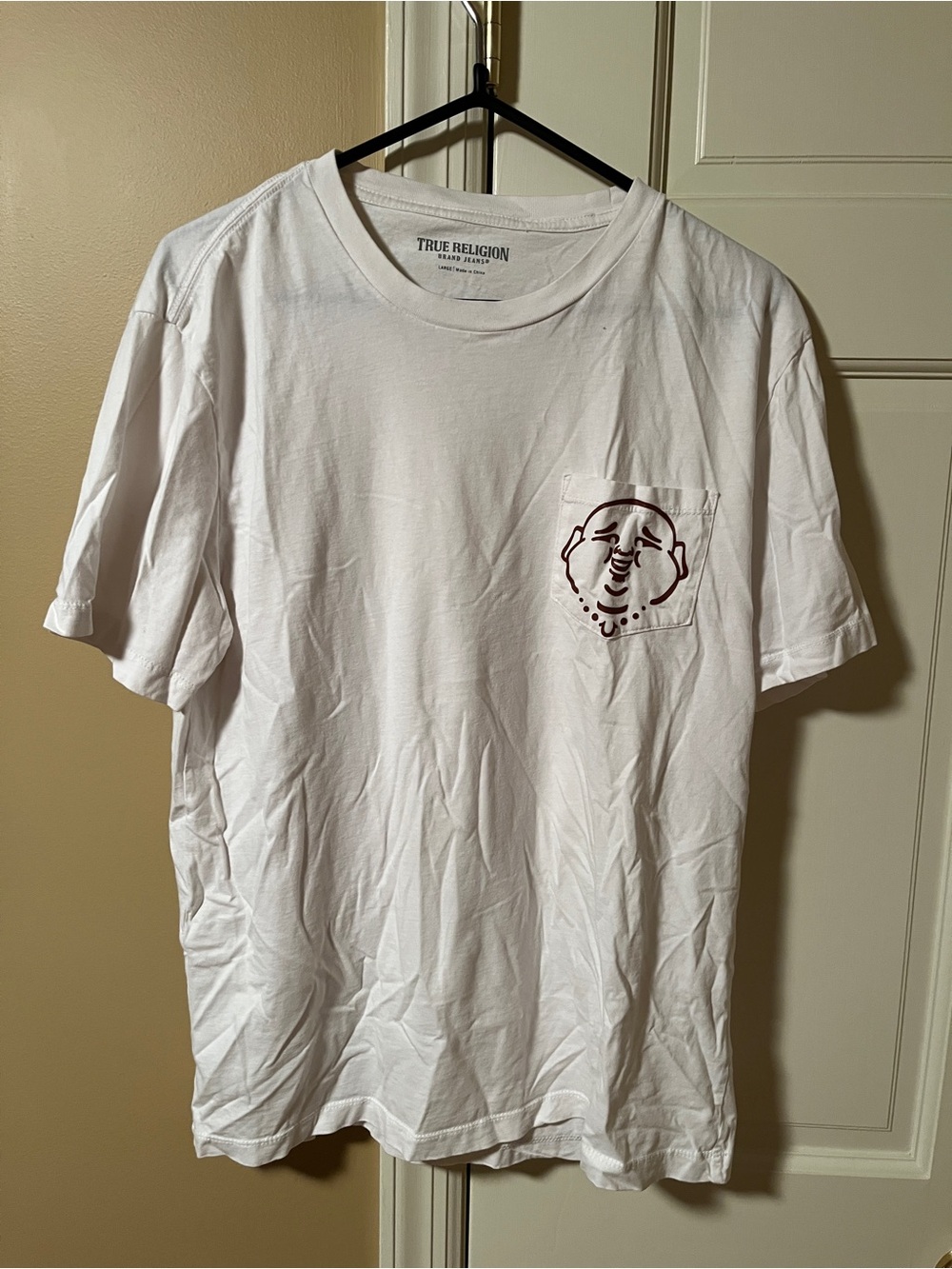 True Religion White Short-Sleeve Pocket Tee with Maroon Graphic